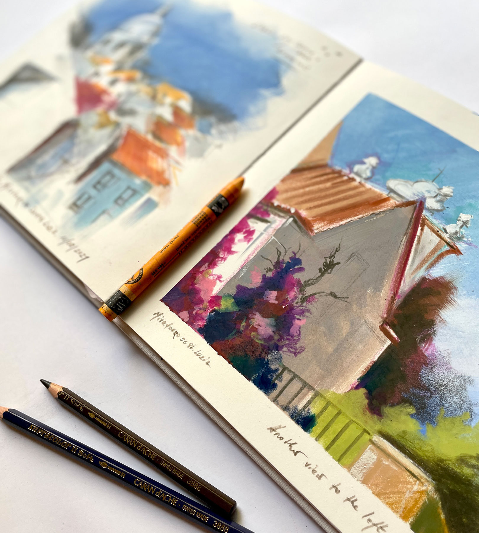 Sketchbook Spread – Miradouro de Santa Luzia, Lisbon Sketchbook spread featuring a watercolor pencil sketch of Miradouro de Santa Luzia in Lisbon, drawn with Caran d'Ache Neocolor 2