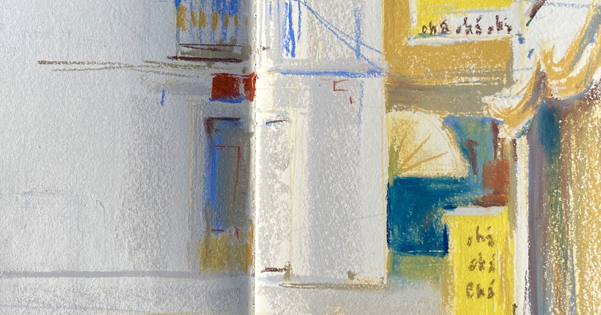 ChaChaCha-Olhao Sketch of a street with the ChaChaCha restaurant, on the way of Olhão Sketchwalk with Lighthouse Artcourses.