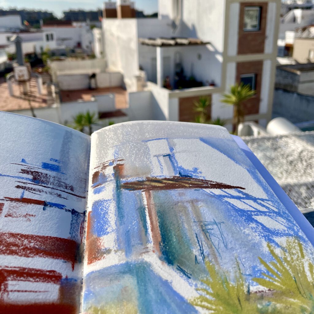 Sketch of Olhão Rooftops Hand-drawn sketch capturing the layered rooftops of traditional houses in Olhão, Algarve