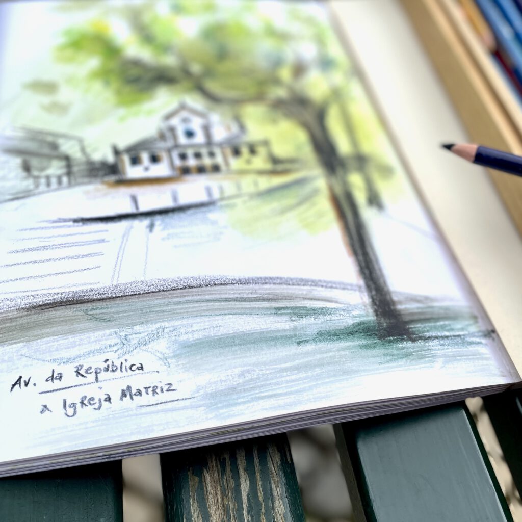Sketchbook Spread – Igreja Matriz de Olhão Pages featuring black, gray, and white value studies of Algarvian towns, focusing on light and shadow contrasts.