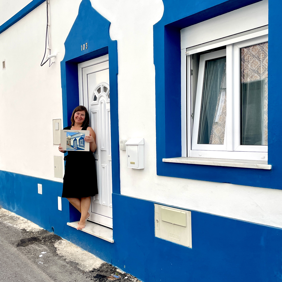house-painting-olhao A set of five paintings displayed on a wall, part of the "30 Days of Faro" painting challenge.