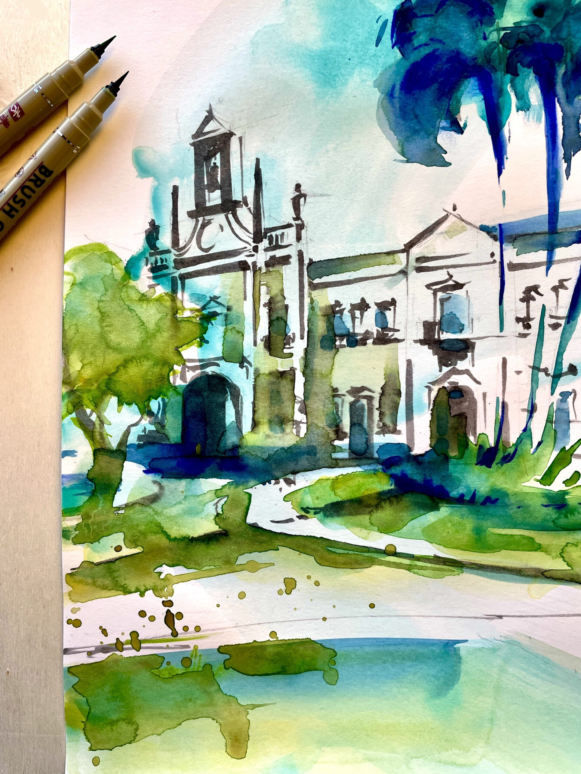 A sketchbook spread featuring hand-drawn illustration, created in Jardim da Alameda in Faro, Portugal.