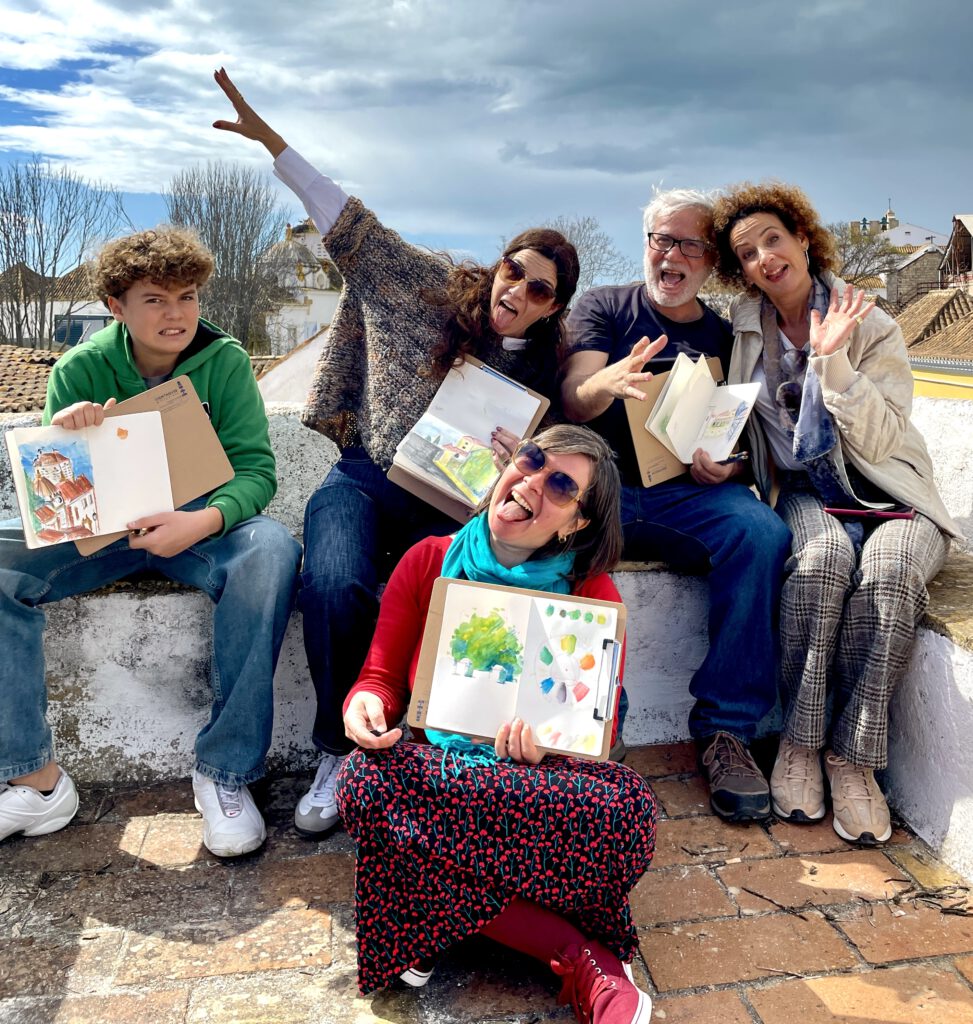 A sketchbook spread featuring hand-drawn illustration, created in Jardim da Alameda in Faro, Portugal.