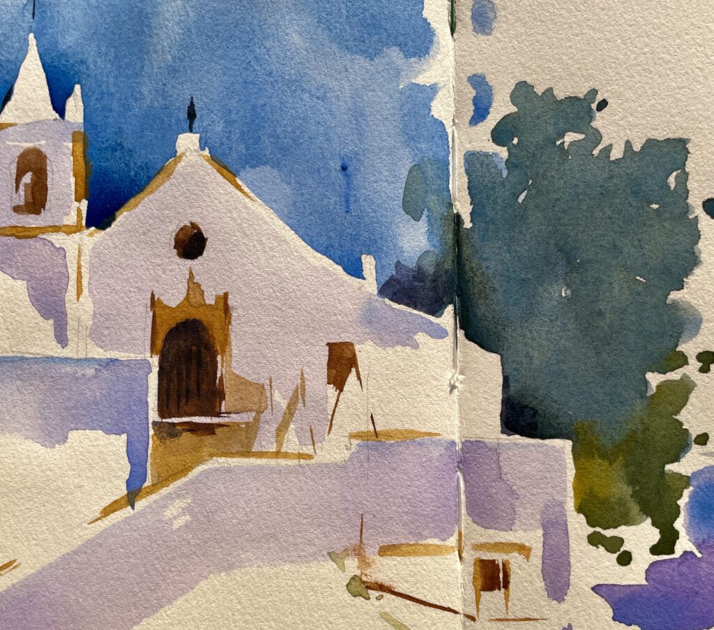 Igreja Matriz de Alcoutim – Watercolor Sketchbook Spread Watercolor sketchbook spread showing the whitewashed Igreja Matriz in Alcoutim, Portugal.