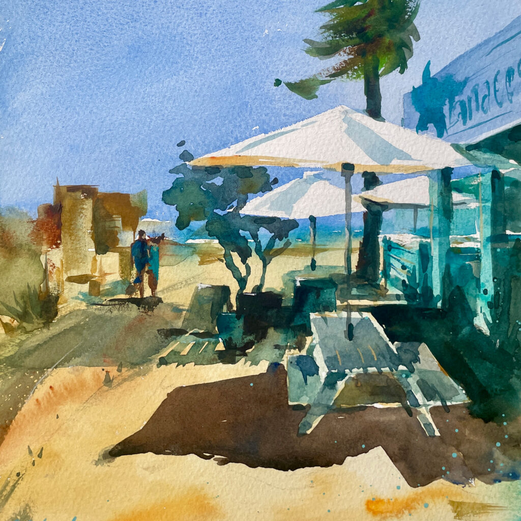 Lanacosta Restaurant – Watercolor Sketch on Ilha do Armona Watercolor painting of the Lanacosta restaurant on Ilha do Armona, showing its relaxed, beachside charm.