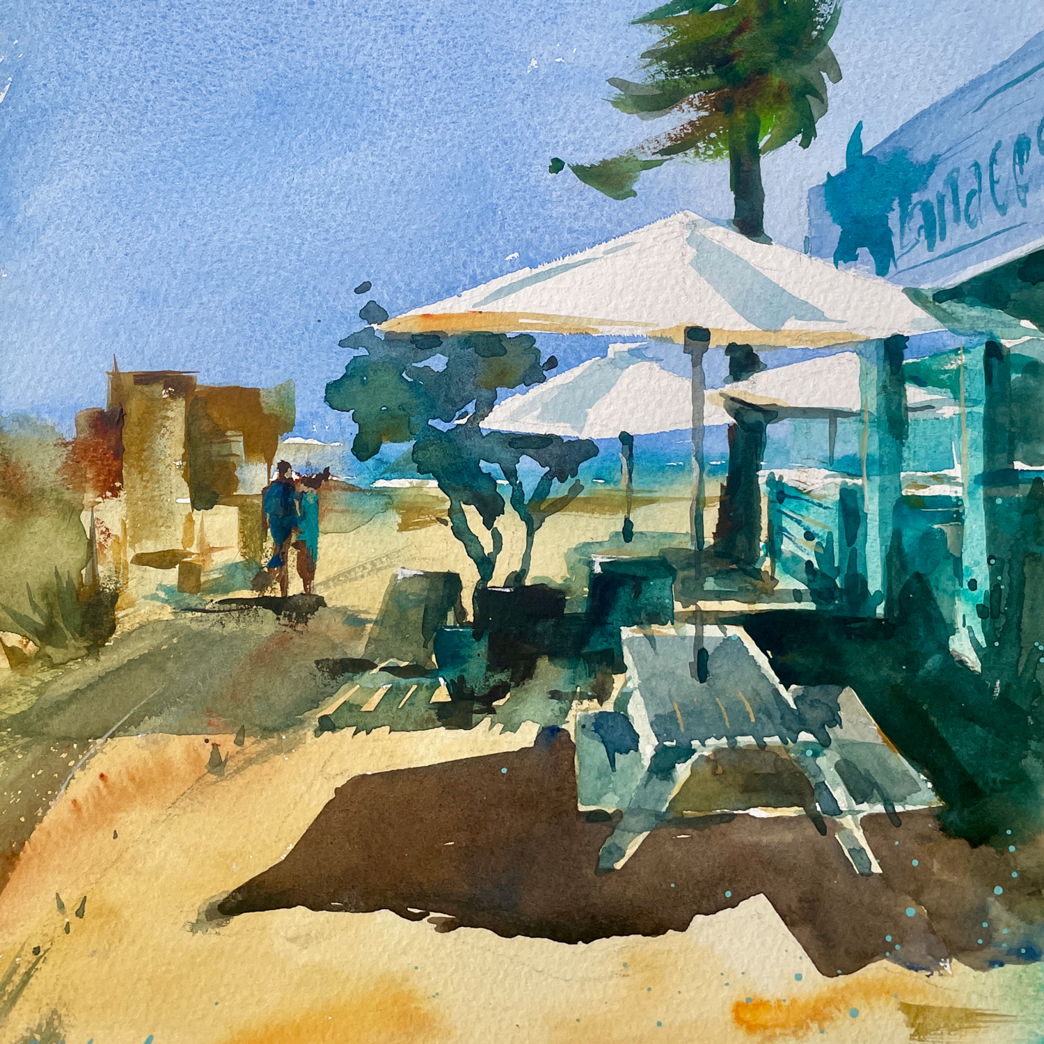 Watercolor painting of the Lanacosta restaurant on Ilha do Armona, showing its relaxed, beachside charm.