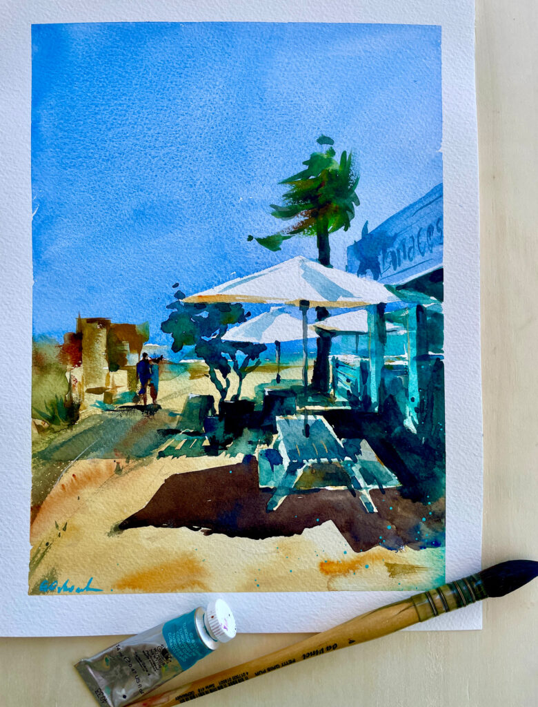 Lanacosta Restaurant, Armona Island – Watercolor Painting Watercolor painting of the Lanacosta restaurant situated on Armona Island, Algarve, Portugal.