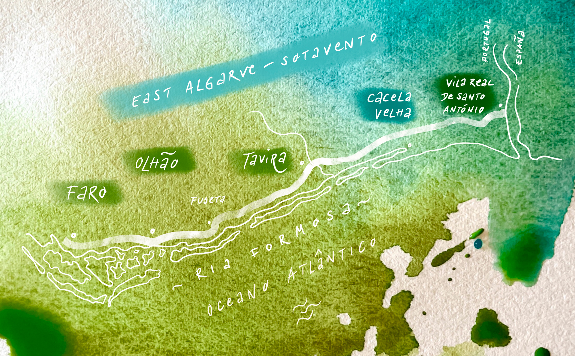East Algarve Art Escape – Watercolor Route Map Hand-painted watercolor map showing the route of the East Algarve Art Escape through Faro, Olhão, Tavira, Cacelha Velha, and Vila Real de Santo António.