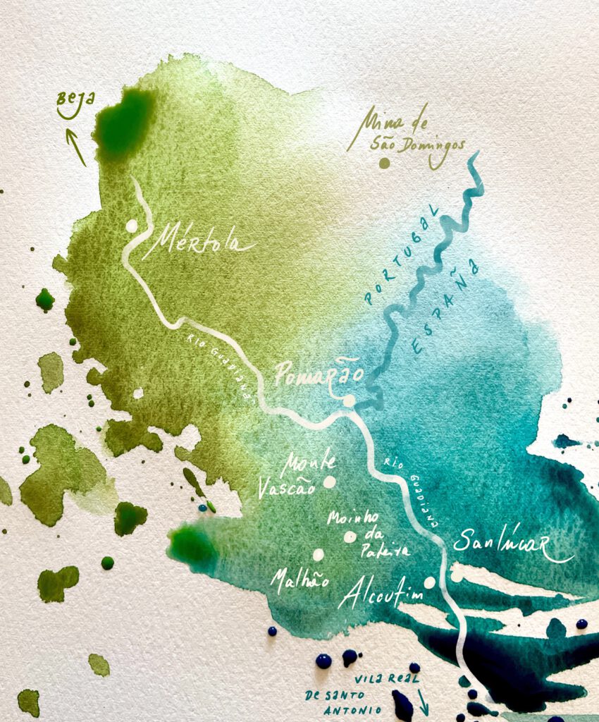 Hiking the Rio Guadiana – Watercolor Map of the Border Trail Hand-painted watercolor map of the Rio Guadiana hiking route, featuring Alcoutim, Pomarão, Mina de São Domingos, and Mértola.