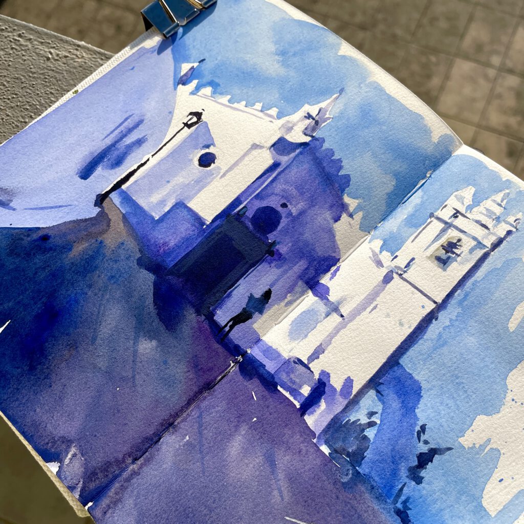 Mihrab of Mértola – Watercolor Sketch from the Old Mosque Watercolor sketch of the Mihrab (Islamic prayer niche) in the former mosque of Mértola, Portugal.