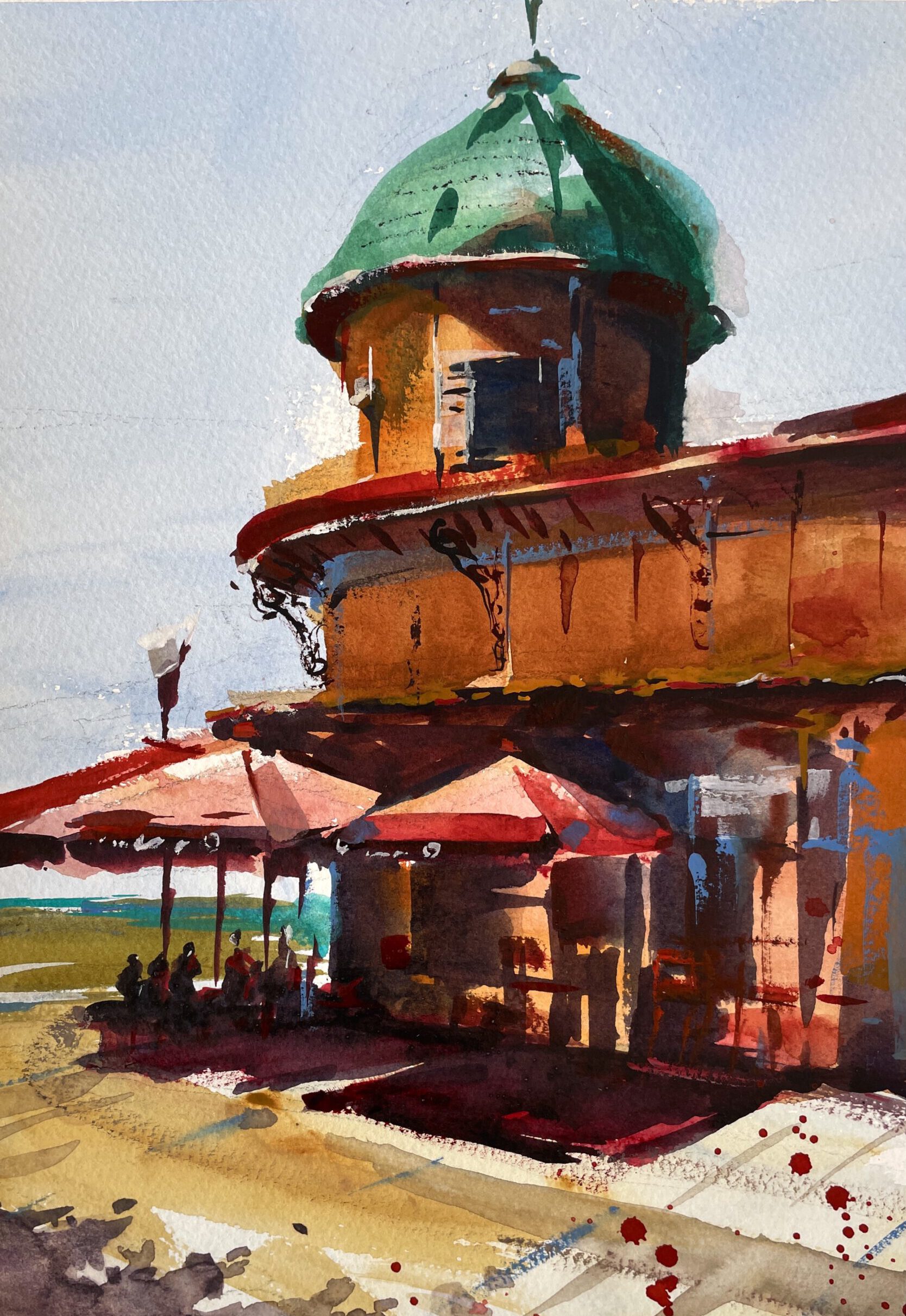 Mercados de Olhão – Watercolor Study Watercolor study of the twin market buildings (Mercados) of Olhão, with their red brick façades and waterfront location.