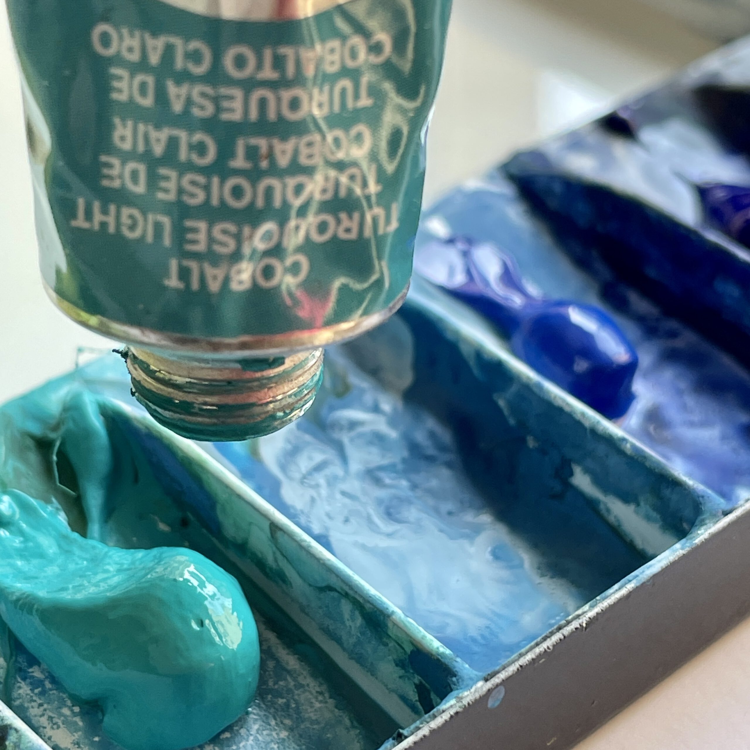 Photo of a paint tube labeled “Cobalt Turquoise Light” by Winsor & Newton