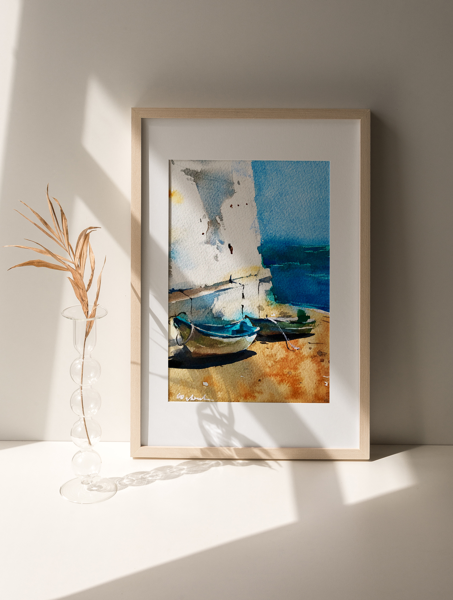 Burgau print – Two Barcas on Wet Sand Watercolor print of two traditional barcas standing on the wet sand in Burgau, Algarve. Signed giclée edition in A4 passepartout.