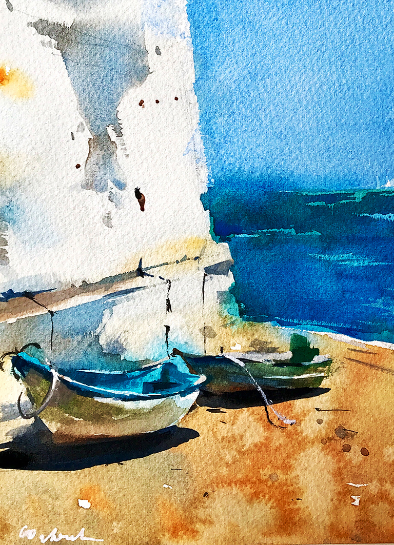 Original watercolor of two traditional barcas standing on the wet sand in Burgau, Algarve.