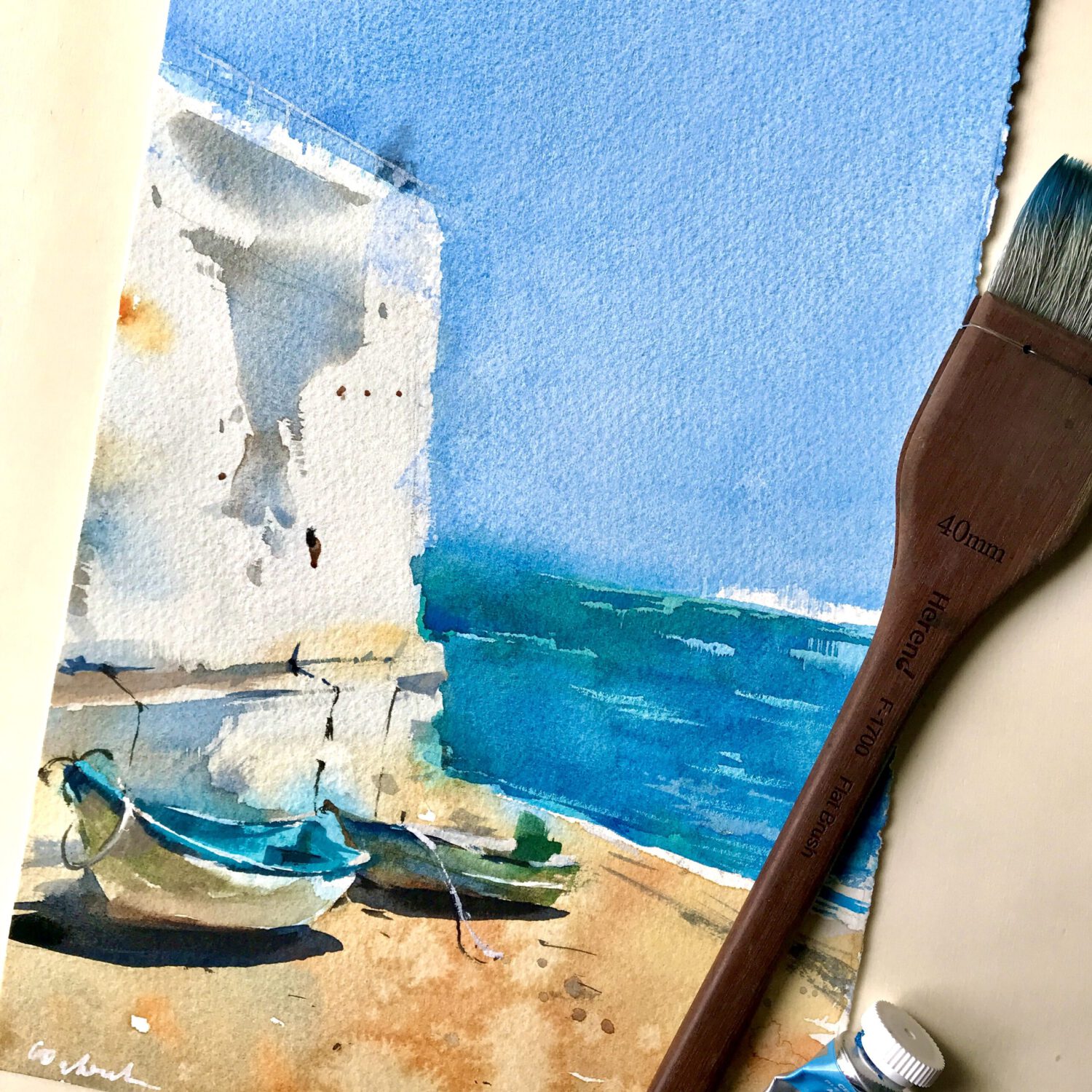 Watercolour - Two Barcas on Wet Sand Original watercolor of two traditional barcas standing on the wet sand in Burgau, Algarve.