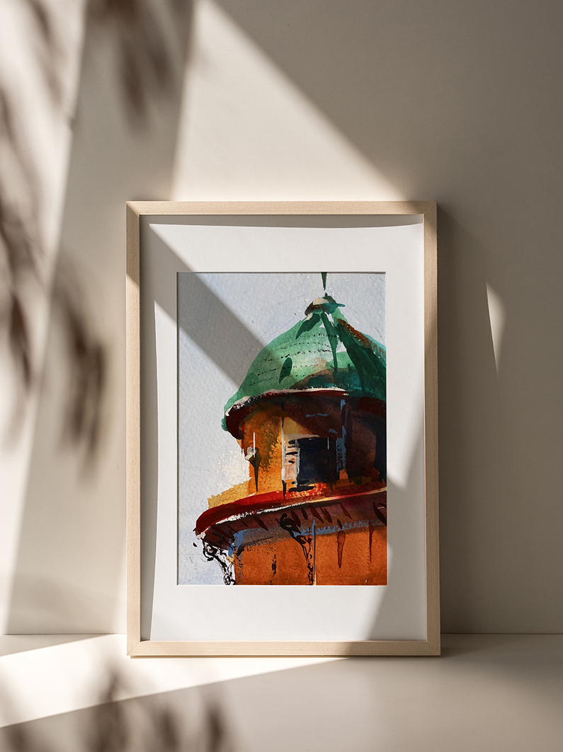 Mercado de Olhão – Framed Print Framed giclée print of Mercado de Olhão watercolor fragment, displayed in interior, ready to frame.