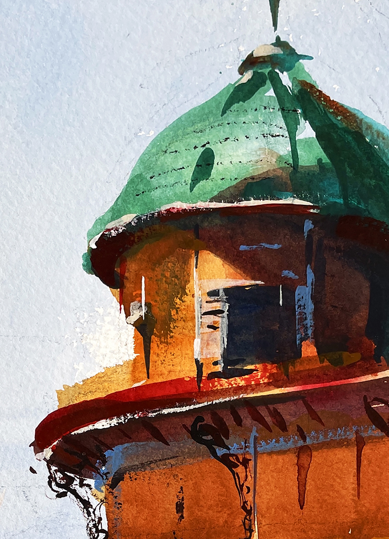Mercado de Olhão – Tower Fragment Watercolor study fragment of Mercado de Olhão, showing green-covered tower and red-brick wall structure. Original artwork.