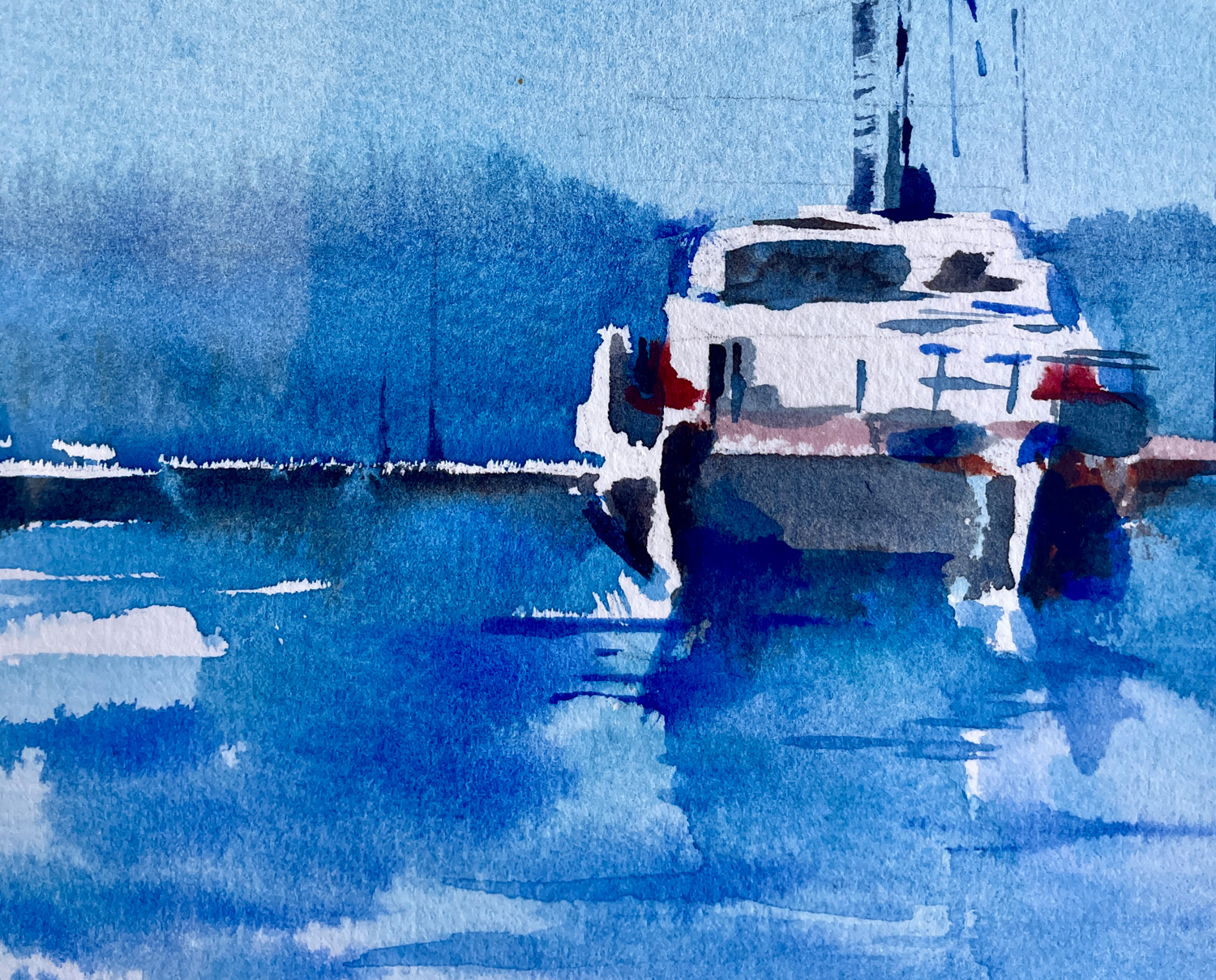 Watercolor painting of a catamaran moored in Olhão’s harbour, Algarve, Portugal