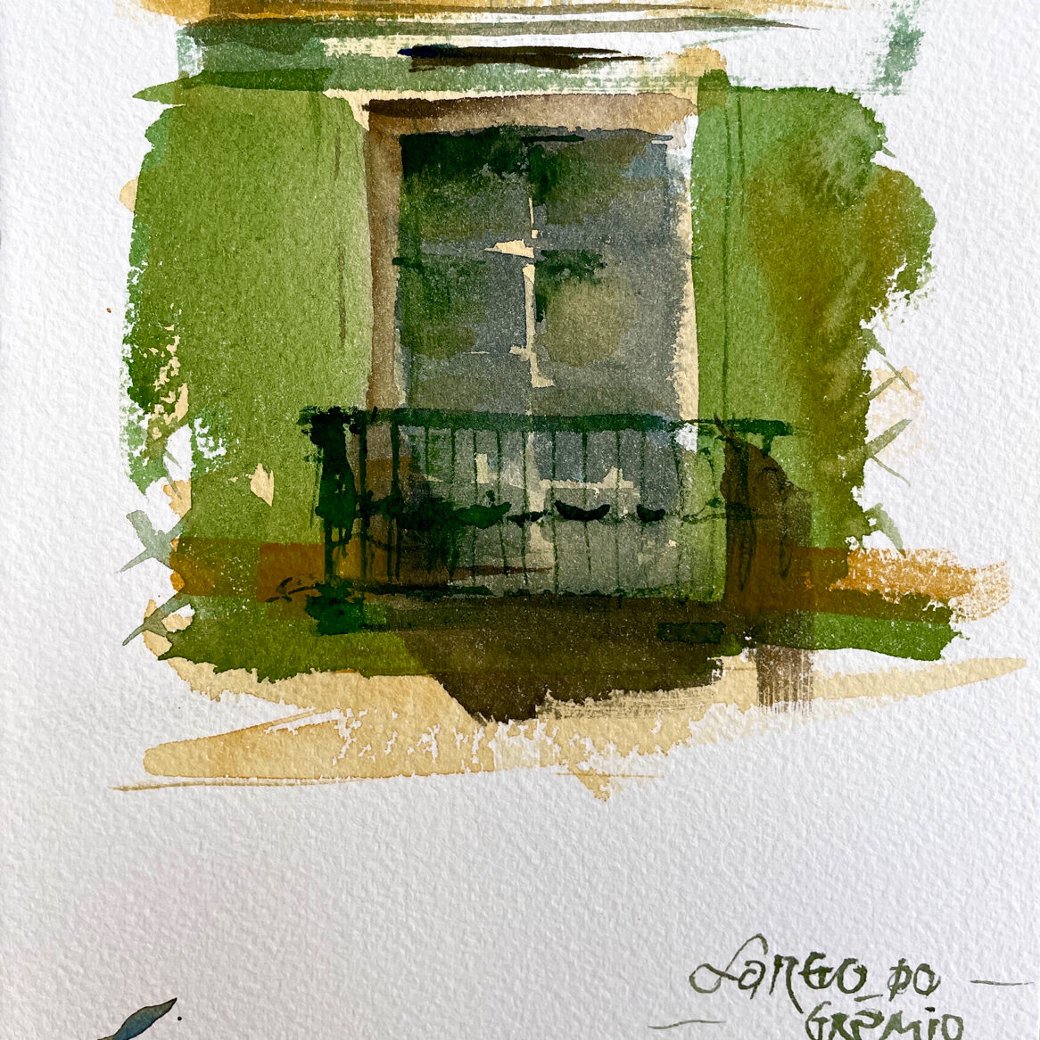 Delicate watercolor sketch depicting Largo do Grémio square in Olhão with architectural details and light washes