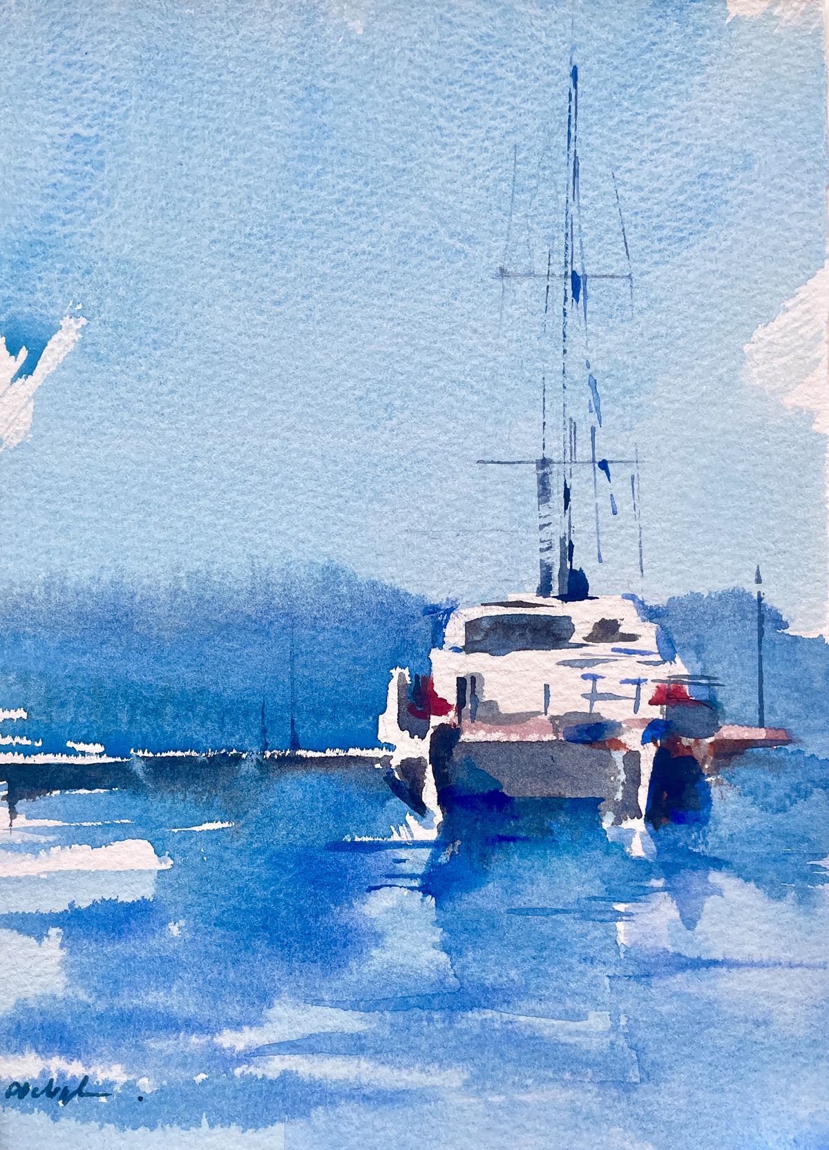 Original watercolor painting of a catamaran in the Olhão marina, depicted in soft Algarve light.