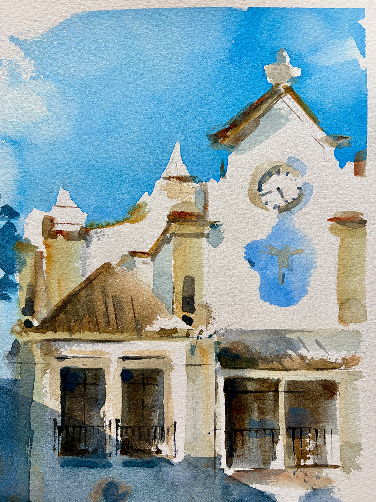 Original watercolor painting of a catamaran in the Olhão marina, depicted in soft Algarve light.