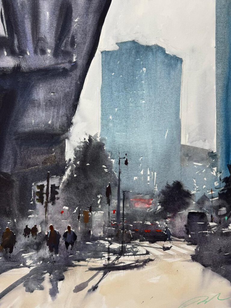 Grażyna Ostrowska holding one of her large Algarve-inspired paintings, introducing herself as the host of Lighthouse Artcourses.