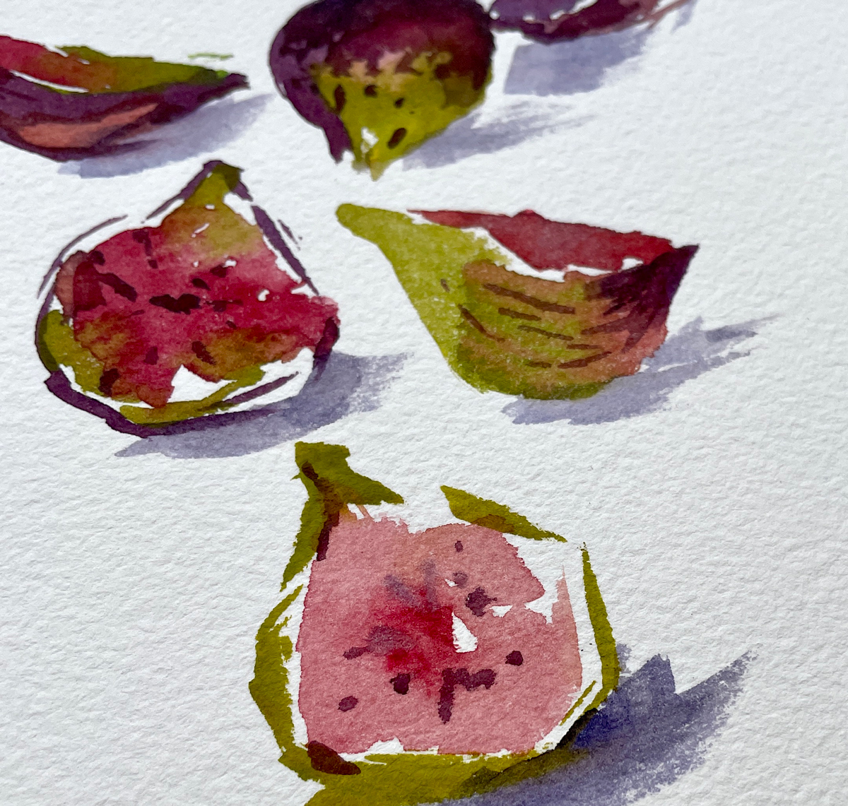 Expressive watercolour study of ripe figs, capturing the rich colours and textures of the Algarve's late-summer harvest.