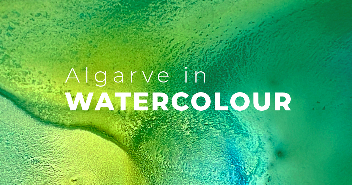 Abstract light-dark green watercolour resembling the lagoons and tidal waters of Ria Formosa in the Algarve