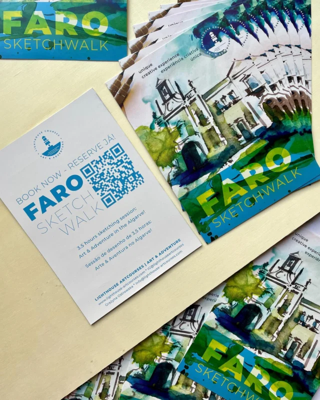 NEW Flyer just arrived! Now bilingual in English 🇬🇧 AND Portuguese 🇵🇹, right in time for the upcoming Ester Holiday season … and with the direct QR code linking to booking via AirBnB! 
You find the link also here in bio 😉

Come and sketch with us! 👨🏻‍🎨☀️👩🏻‍🎨
.
.

#ArcoDaVila
#FaroSketchwalk
#SketchingInFaro
#UrbanSketching
#WatercolorBrushPens
#PleinAirSketching
#TravelSketching
#CidadeVelha
#FaroArt
#PortugalSketchbook
#CreativeJourney
#SketchbookMagic
#airbnbexperience