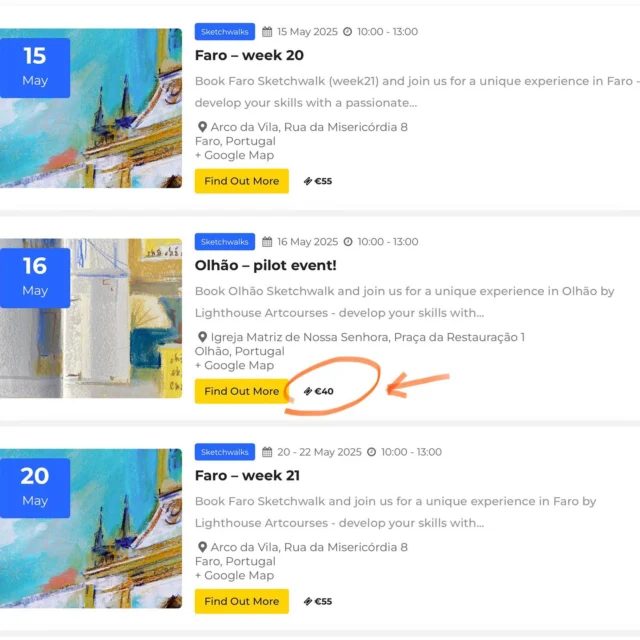 ✨ Booking now available via our website! 
Plus, I’m excited to announce: not just one, but two SketchWalk locations) this May!

📍 FARO – Thursday, 15 May (and 20-21-22.05) 📍 OLHÃO – Friday, 16 May > this one „pilot session“ only!

The schedule for Juni & Juli Sketchwalks - see on the website!  Join me for a creative walk through these beautiful town. We’ll sketch, observe, and enjoy the moment — together.

🎟️ Early Bird for Olhão ends this Sunday (40€) Book your spot now via DM or the link in bio!

💛 Let’s draw beauty, light & life. Outdoors. On paper. Together.

#LighthouseArtCoursesArtandAdventure #SketchingTheAlgarve #FaroSketchwalk #OlhãoSketchwalk #ArtWalkPortugal #pleinairsketching #creativewalk #travelanddraw #Olhão2025 #Faro2025